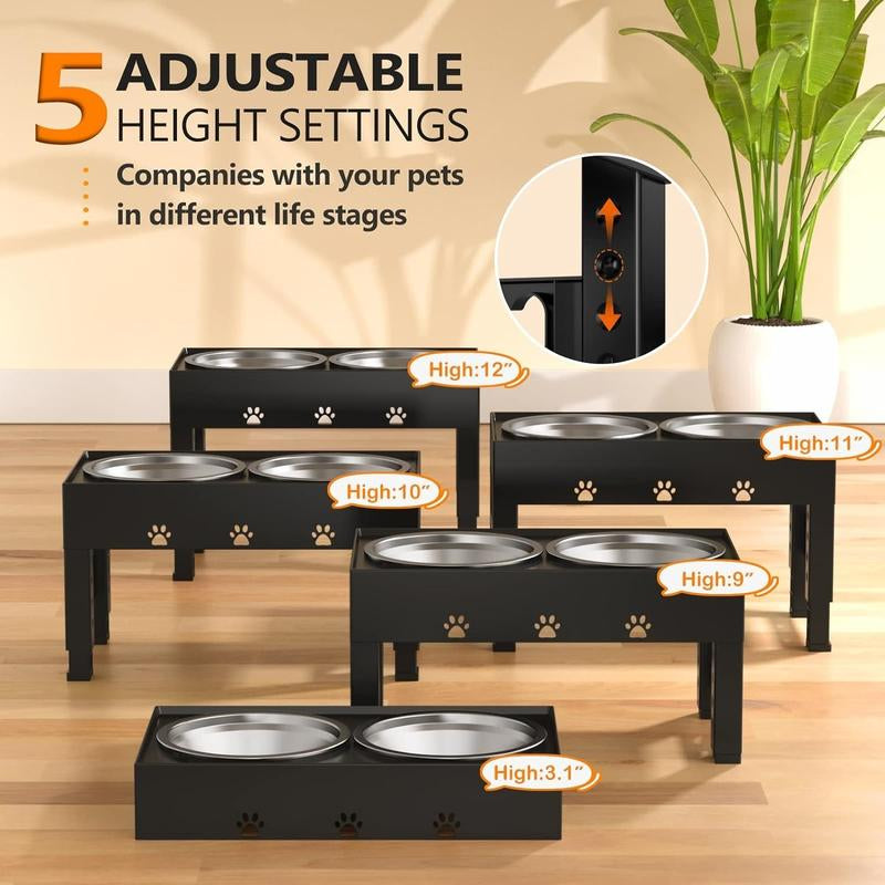 Elevated Dog Bowls 5 Height Adjustable with 2 Stainless Steel Dog Food Bowls Stand Non-Slip No Spill Dog Dish Raised Dog Bowl Adjusts to 3.1”, 9”, 10”, 11”, 12” for Small Medium Large Dogs